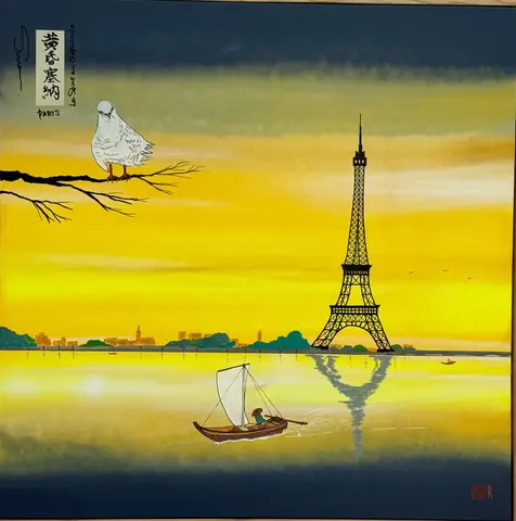 黄金色の夕空にエッフェル塔と帆掛け舟、枝にとまる白い鳩