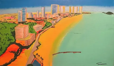 弧を描く砂浜とエメラルドの海、湾岸のリゾート都市